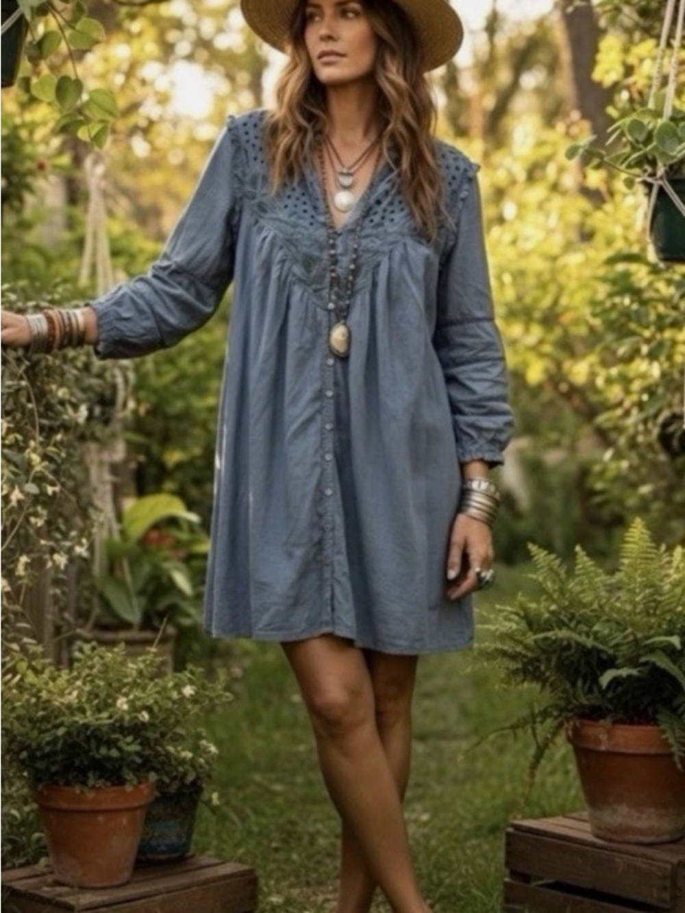 Sundance Women’s ANDI Lace Dress Teal Lake Boho Eyelet Pheasant PM
